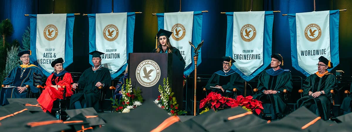 The Commencement Speaker addresses Embry-Riddle Aeronautical University Prescott Campus' graduating class