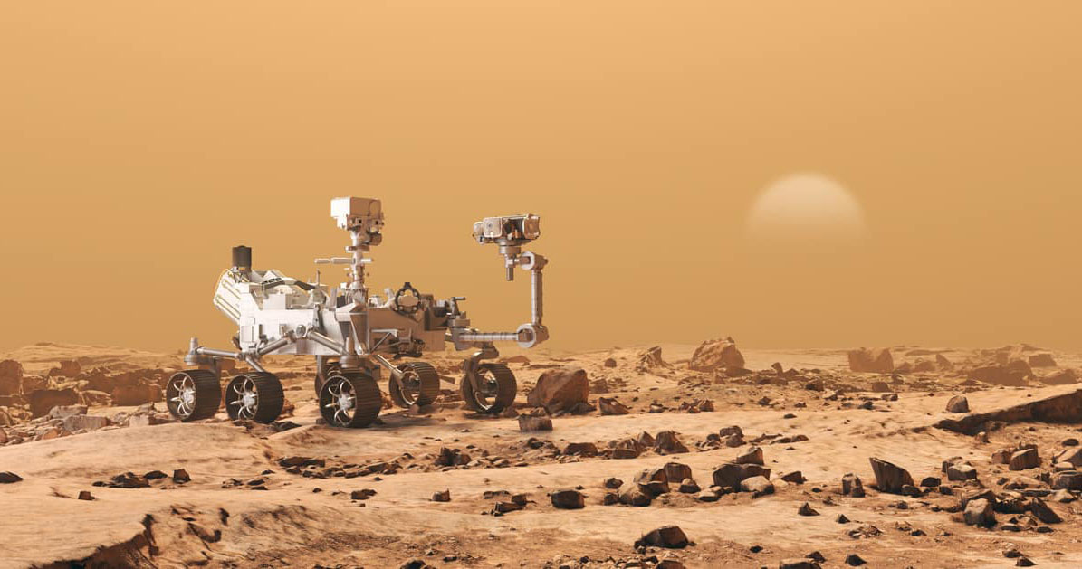 A 3D rendering of the Mars Rover Perseverance.