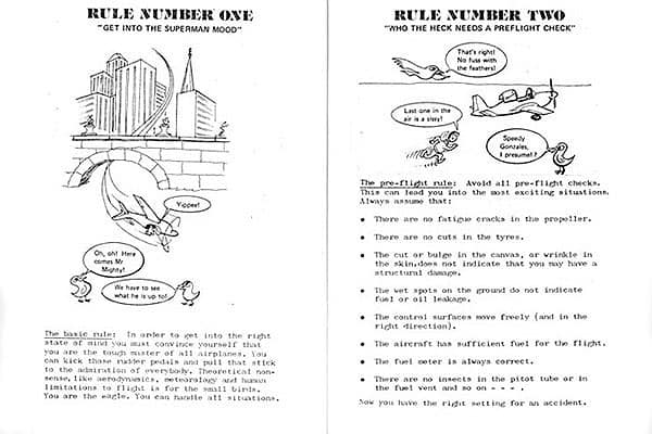 Sample pages from the booklet: Rule number one is Get into the superman mood and pictures a cartoon plane flying under a bridge. Rule number two is Who the heck needs a preflight check and pictures a cartoon bird saying to a plane, That's right! No fuss with the feathers! There is other text on both pages, but it is illegible in this low-resolution image.