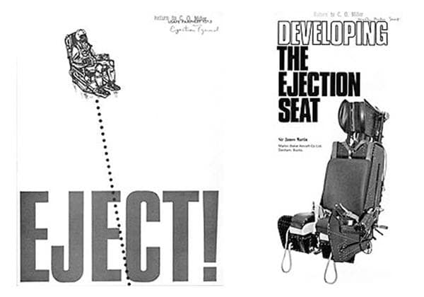 Two pages from a pamphlet, including the cover with the title Eject and a drawing of a person in a seat appearing to be ejected out of the word eject. The other page includes a photo of an ejection seat and text that is illegible in this low-resolution image.