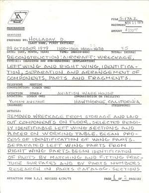 A form hand-filled by Holladay about a deconstruction of aircraft wreckage is dated 29 October, 1979. Wreckage included left wing and right wing, location is given as Hawthorne, California.