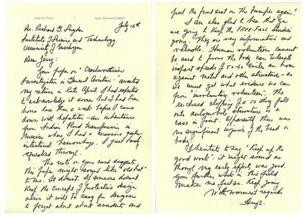 Two pages of a yellowed letter in cursive handwriting. The text of the letter is mostly illegible in this low-resolution scan, but letterhead reads Hugh De Haven, with an address possibly in Connecticut.