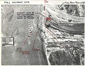 Aerial photo of the accident site with handwritten notes - notes are illegible in this low-resolution can of the photo.