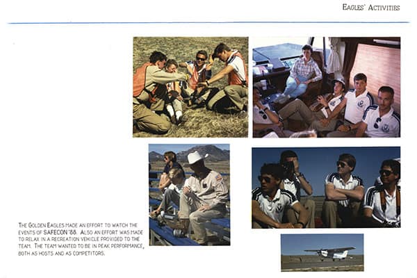 A collage of photos of students in groups and one aircraft taking off; from a Golden Eagles annual scrapbook. The page title is Eagles' Activities and the caption reads: The Golden Eagles made an effort to watch the events of Safecon '88. Also an effort was made to relax in a recreation vehicle provided to the team. The team wanted to be in peak performance, both as hosts and competitors.