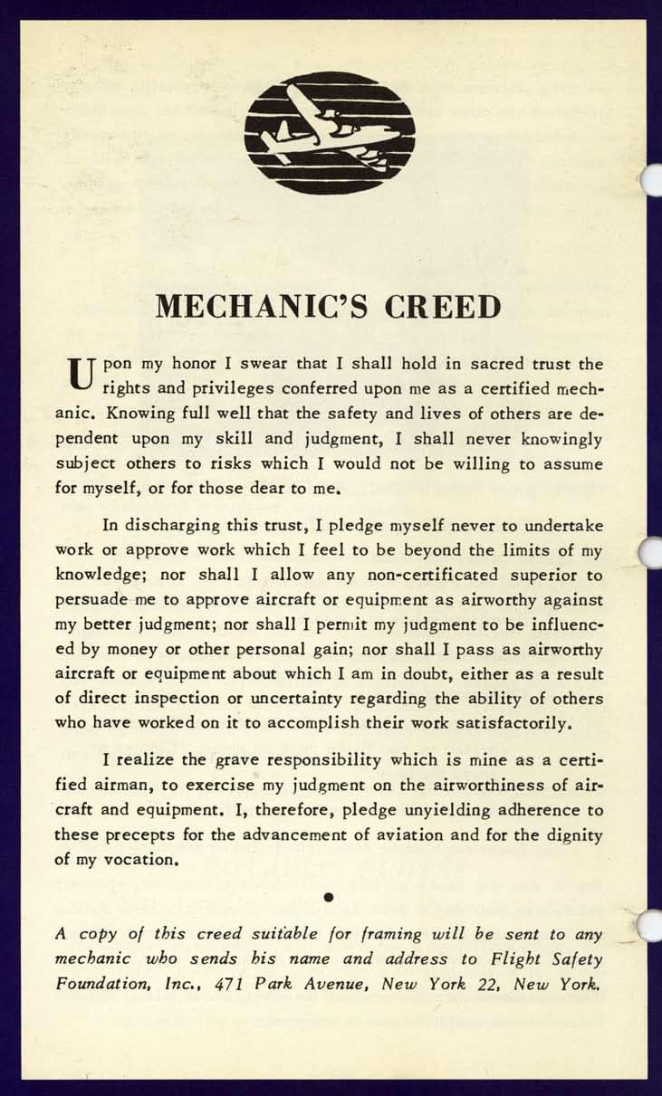 The Mechanic's Creed - the full text can be found in the expandable accordion following - on a yellowed page, with an illustration of a plane at the top.