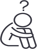 Drawing of a figure sitting on the floor, arms wrapped around knees, with a question mark placed above its head