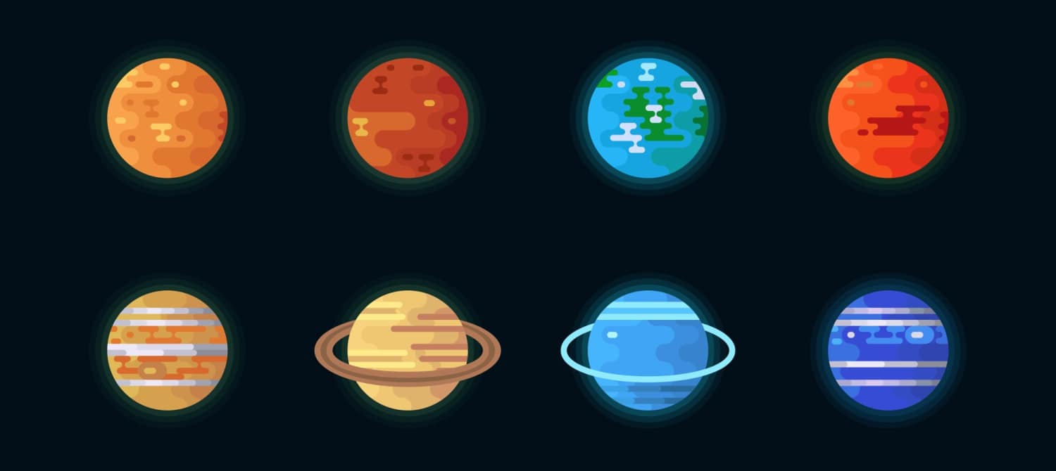 An illustrated graphic showing Mercury, Venus, Earth, Mars, Jupiter, Saturn, Uranus and Neptune