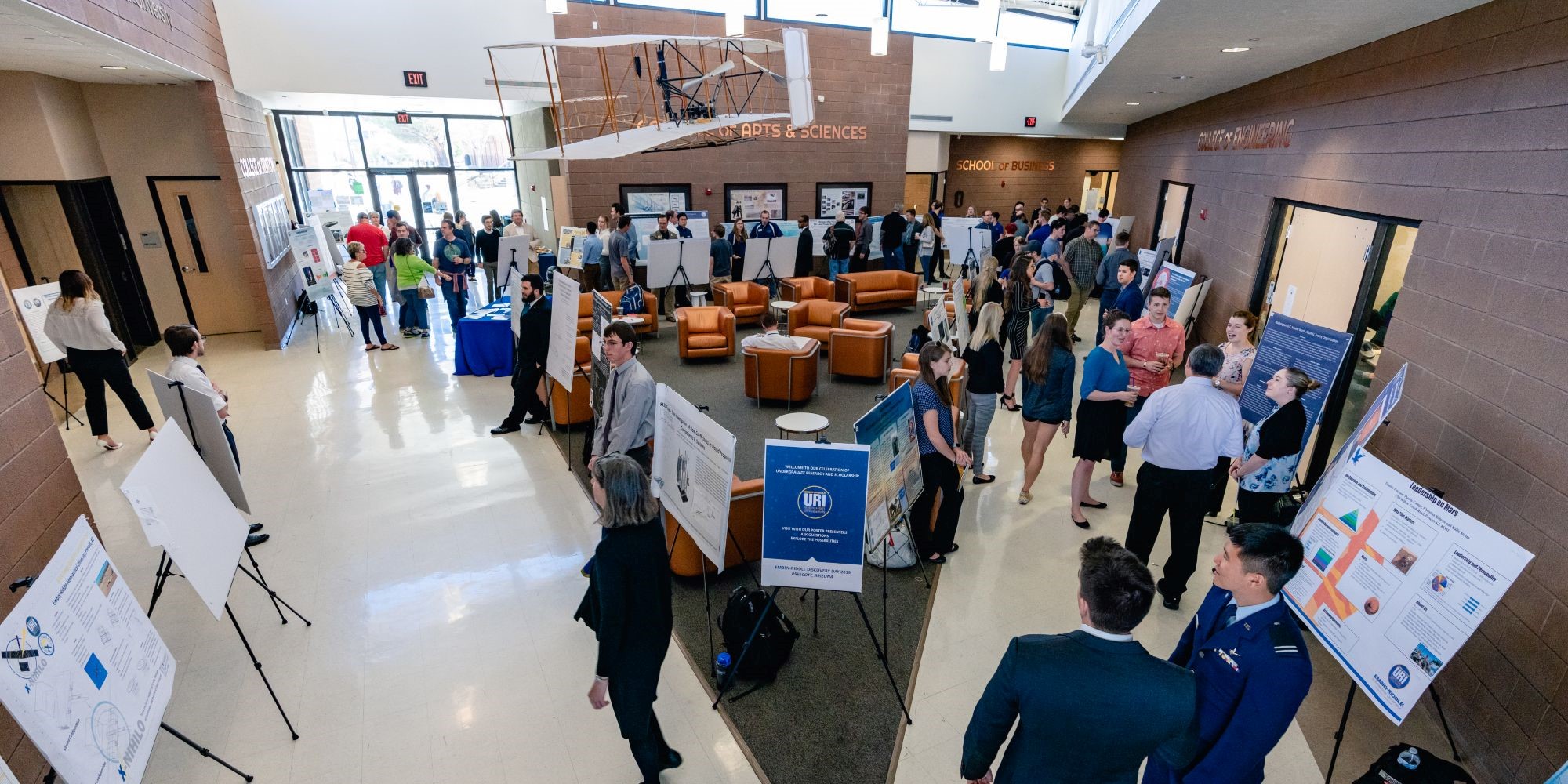 Students gather to present their research during Discovery Day, a celebration of undergraduate research and scholarship from aviation to engineering, security and intelligence to physics and astronomy. (Photo: Embry-Riddle / Connor McShane)